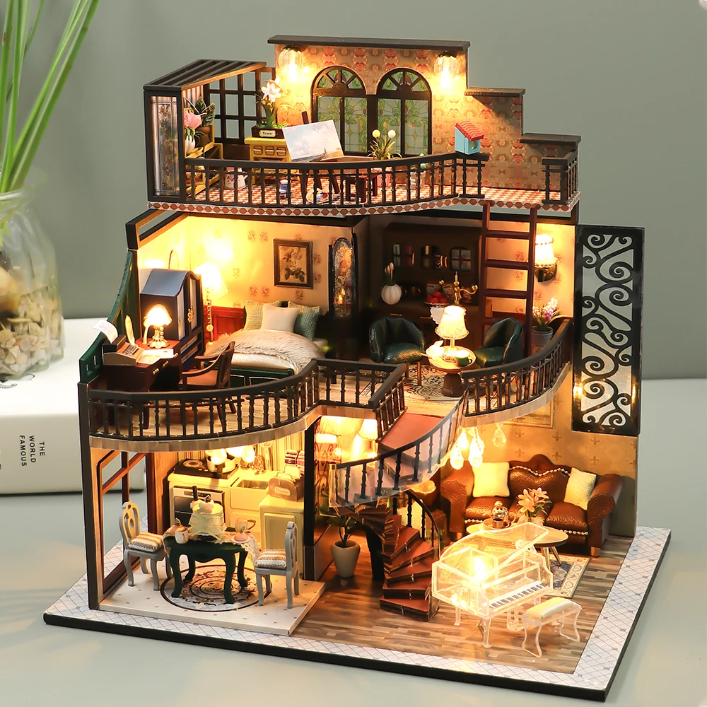 Doll house With dust cover casa Miniature Diy Wood Dollhouse Miniatures children toys girl Birthday Gifts diorama M2132