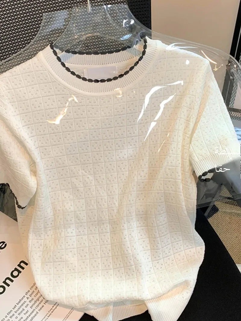 

White Ice Silk Knitted T-irt Women's ort Sve Summer Top Outlet Brand Faionable Breathable Comfortable round Ne Design