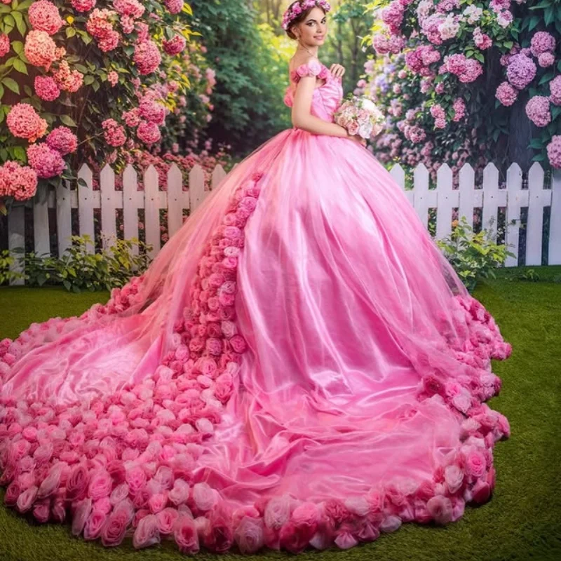 Pink Quinceanera Dress off-shoulder crystal  decal 3D flower Long tail vestidos de 15 Quinceanera ﻿Customize