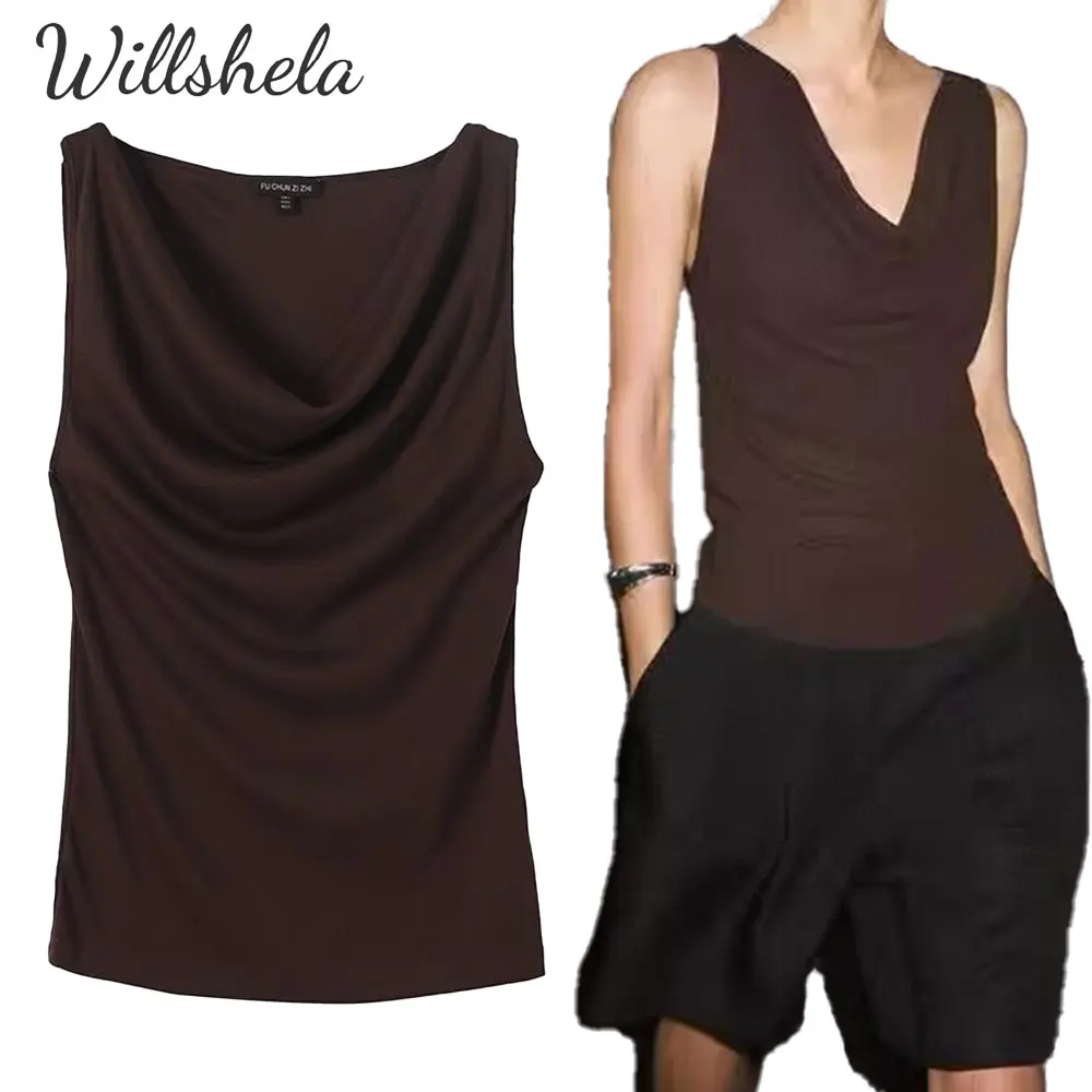 

Willshela Women Fashion DarkBrown Cotton Lyocell Tops Tank Sleeveless Female Chic Lady Casual Mujer Camisole