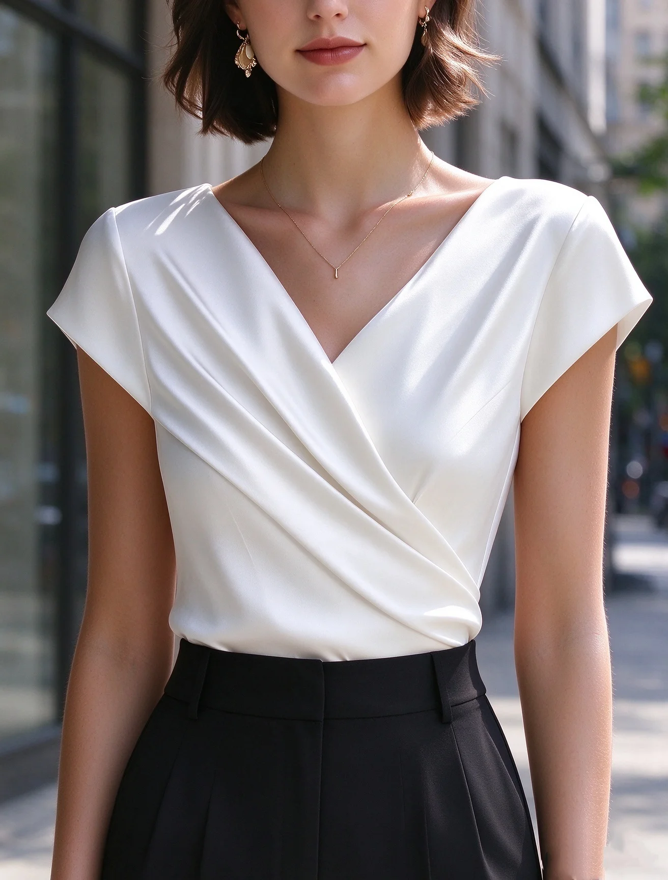 Women V Neck Wrap Cap Sleeve Blouse Solid Ruched Elegant Office Work Shirt Top