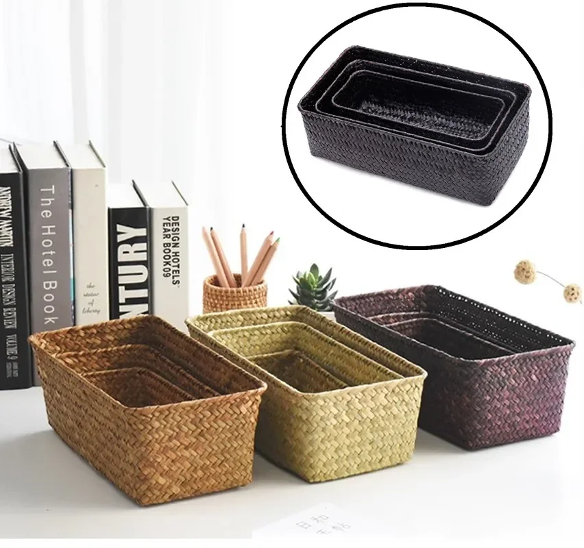 Black Wicker Storage Basket Rectangular Seagrass Basket Box Woven Rattan Container Shelf Organizer Kitchen Home Bathroom Decor