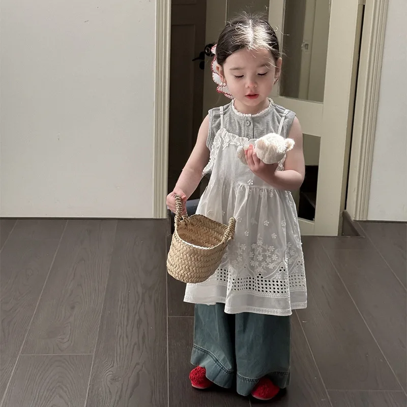 

Girls 2026 Summer New Lace Collar Small Vest Floral Suspender Dress Versatile Wide-leg Pants Three-piece Trendy