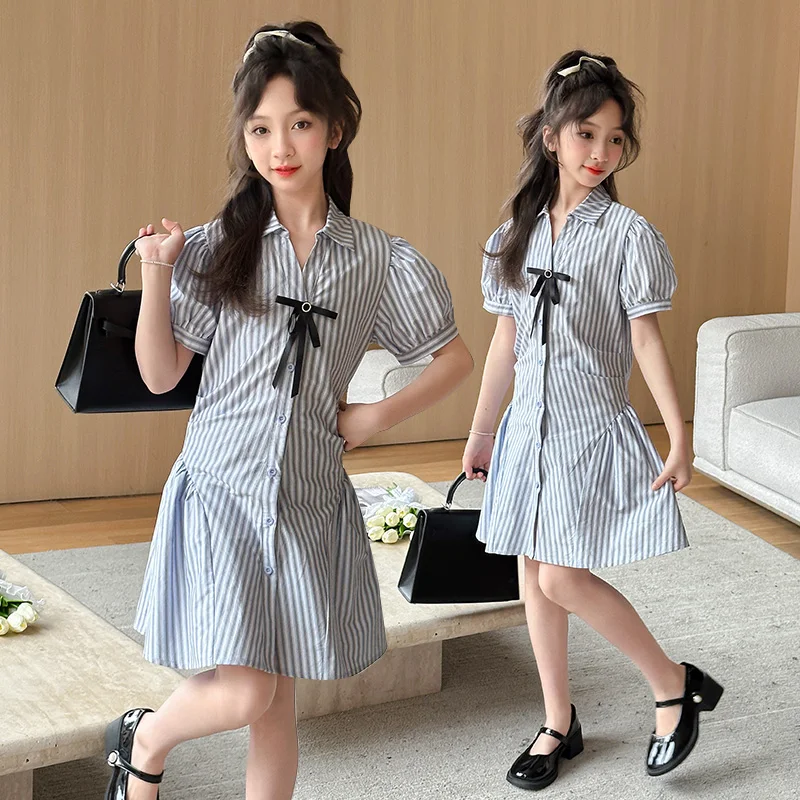 

teenage girls summer dress set Korean striped lapel dress+shorts 2pcs junior kids suit children outfits ensembles de jupes 10 12