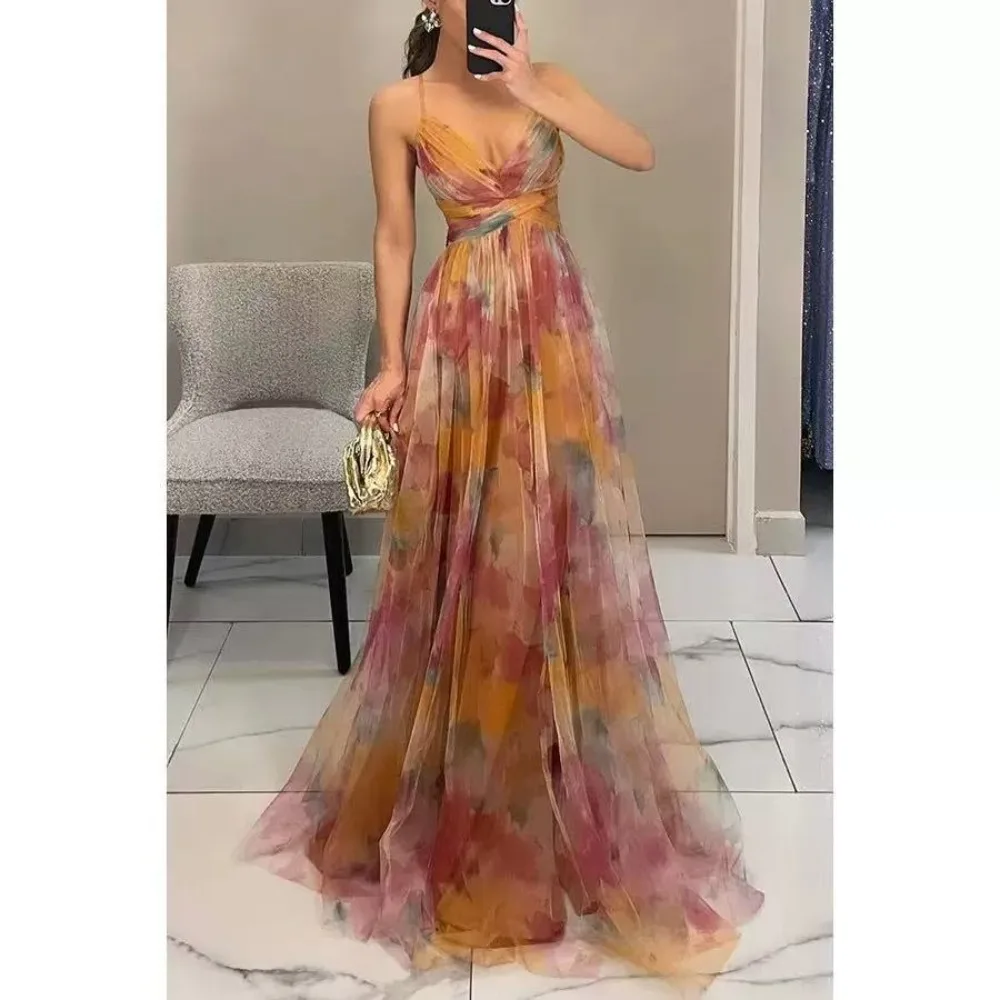 

Spring and Summer New Mesh Printed Suspender Sexy Sleeveless Dress INS Beach Vacation Casual Party Comfortable Long Dress