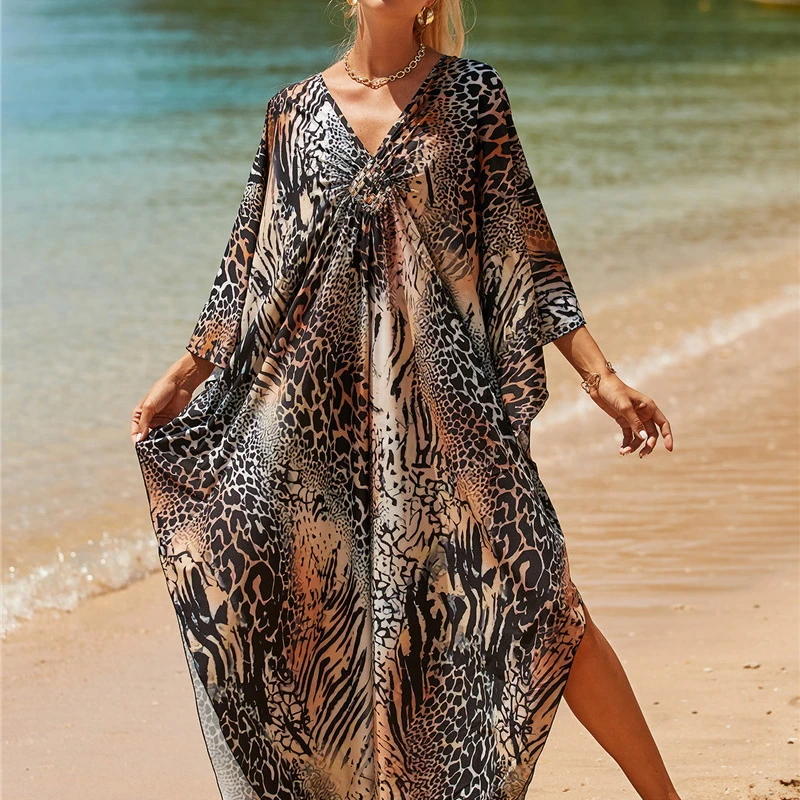 

Leopard Beach Caftan Dresses Cover Up Swimsuit 2022 New Women Long Maxi Loose V Neck Boho Pareos Summer Beachwear Robe De Plage