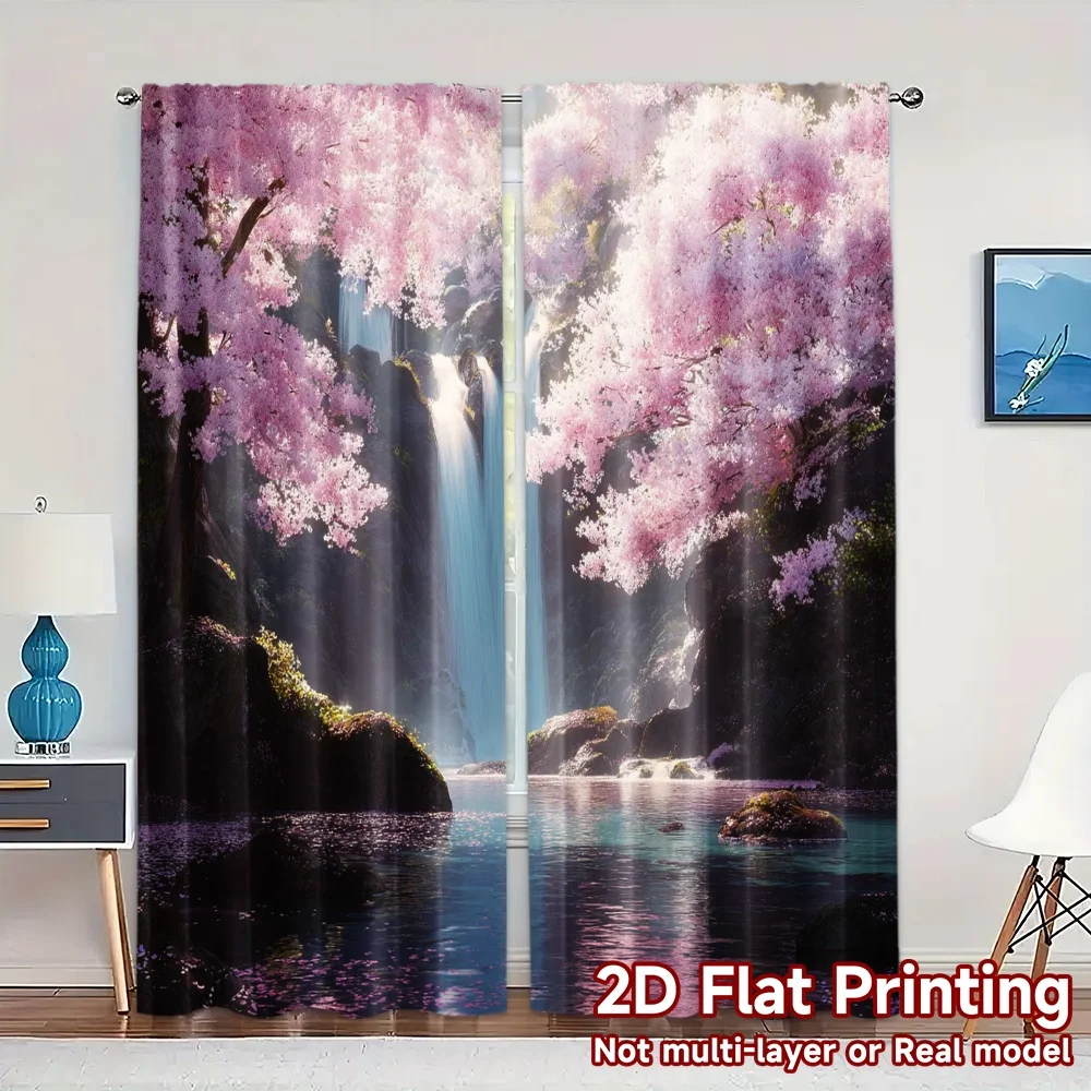 2pcs, 2D FLAT PRINTING Curtains (Without Rod) Blossom Cascade Popular Curtain Fabric Machine Washable Fabric Curtains Outdoor