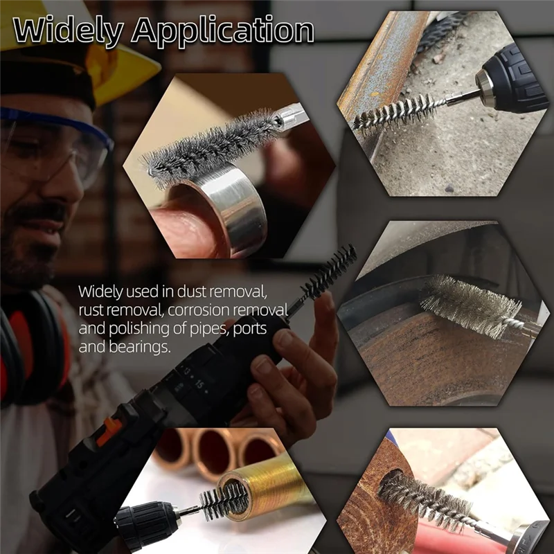 AB66-12 pezzi Spazzole per fori in acciaio inossidabile Spazzola metallica in acciaio inossidabile Spazzola metallica per trapano abrasivo con gambo esagonale da 1/4"