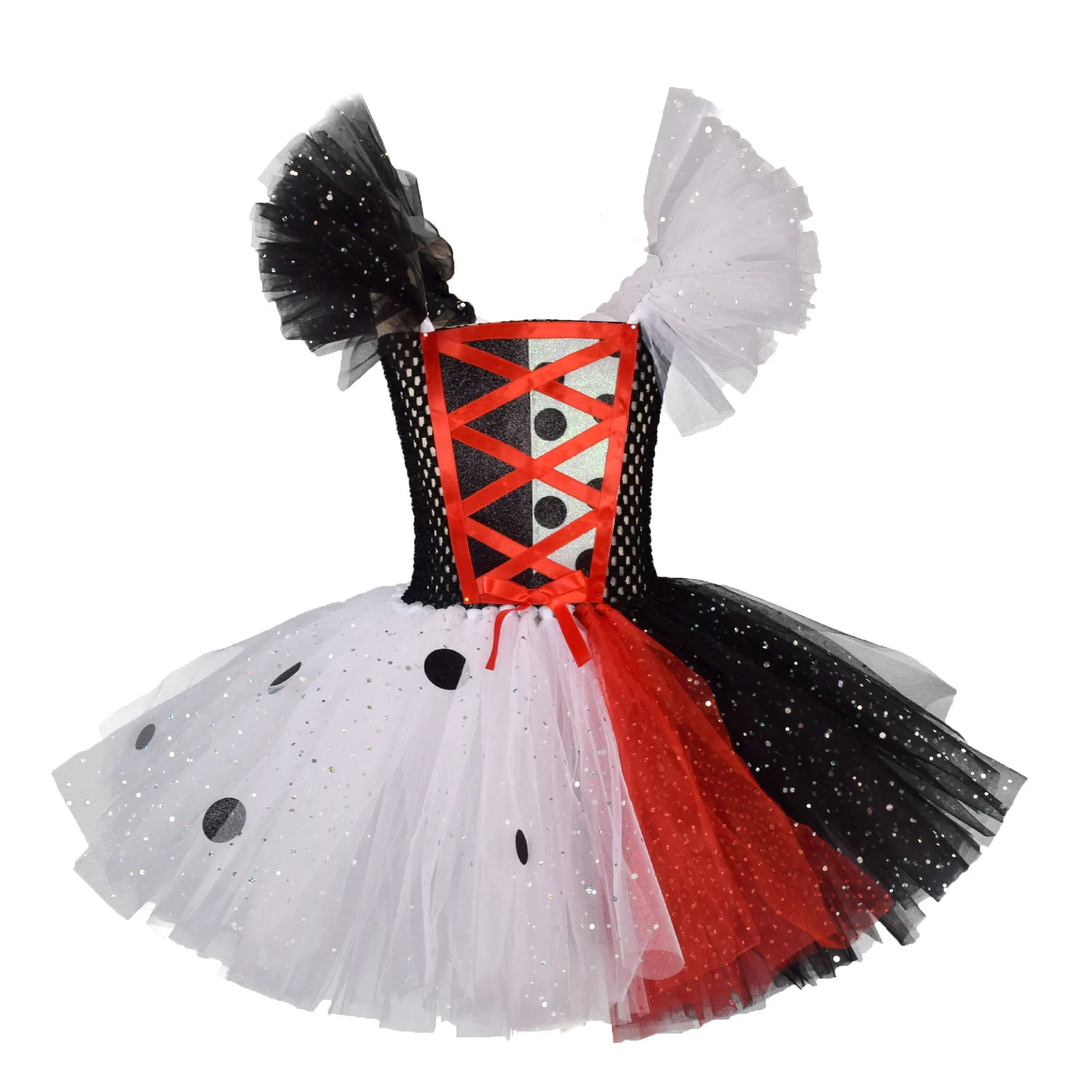 Girls Clown Black White Tutu Dress Polka‑Dot Design Movie Devil Witch Role Play Costume Kids Halloween Cruella Cosplay Outfit
