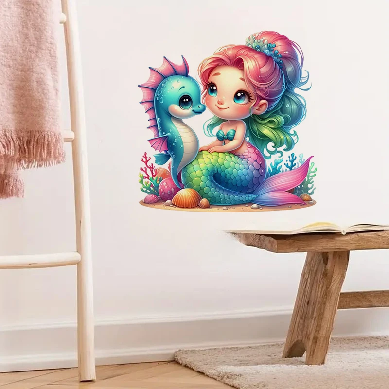 Cute Mermaid with Seahorse Sticker, Water-proof Home Wall Decal, Used for Wall, Bathroom, Cabinet, Door,Toilet, Car, Laptop