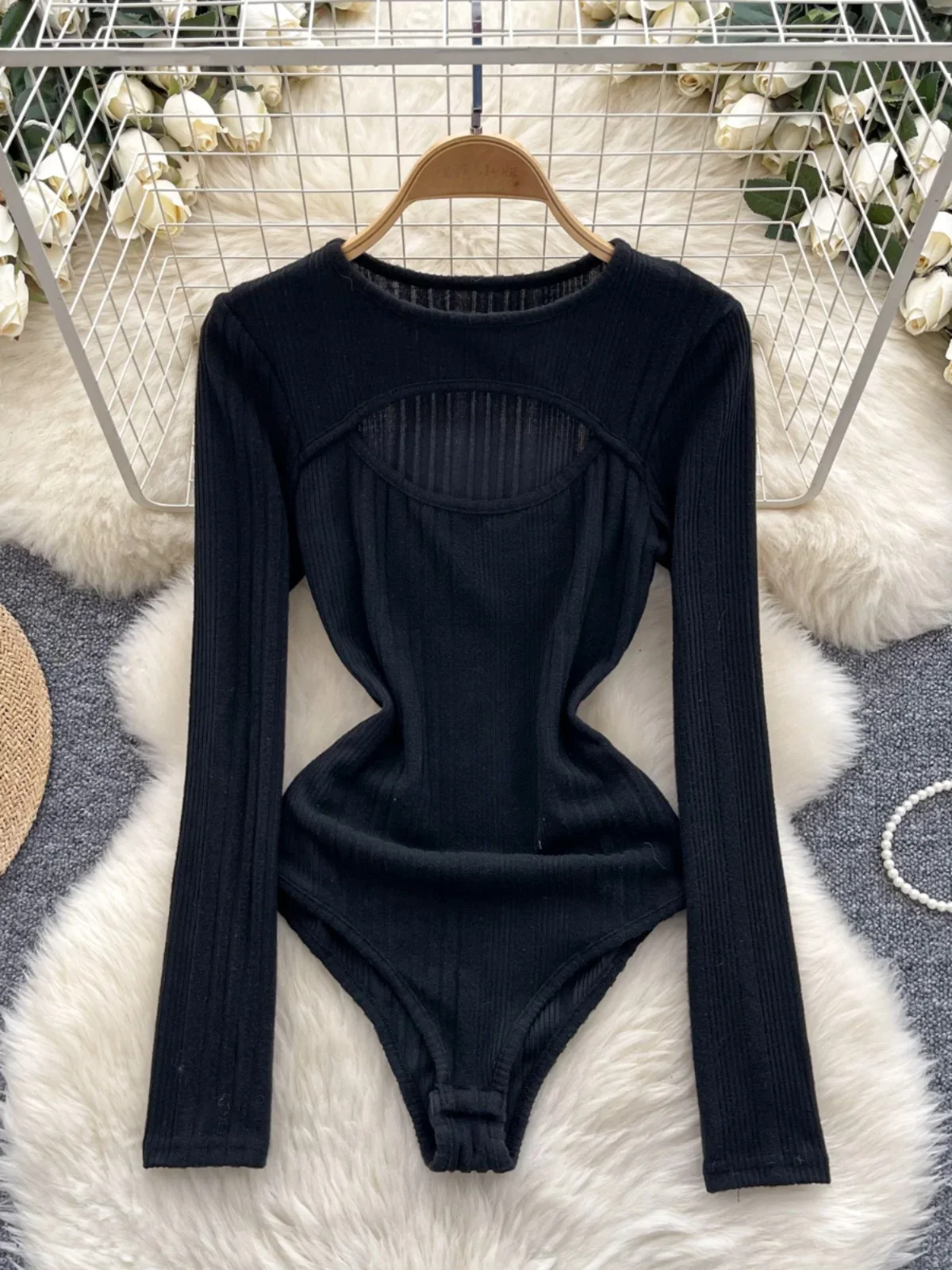 Foamlina American Women's Sexy Chest Hollow Out Jumpsuit Female Round Neck Autumn Long Sleeve Bottoming T-shirt Top Bodysuit