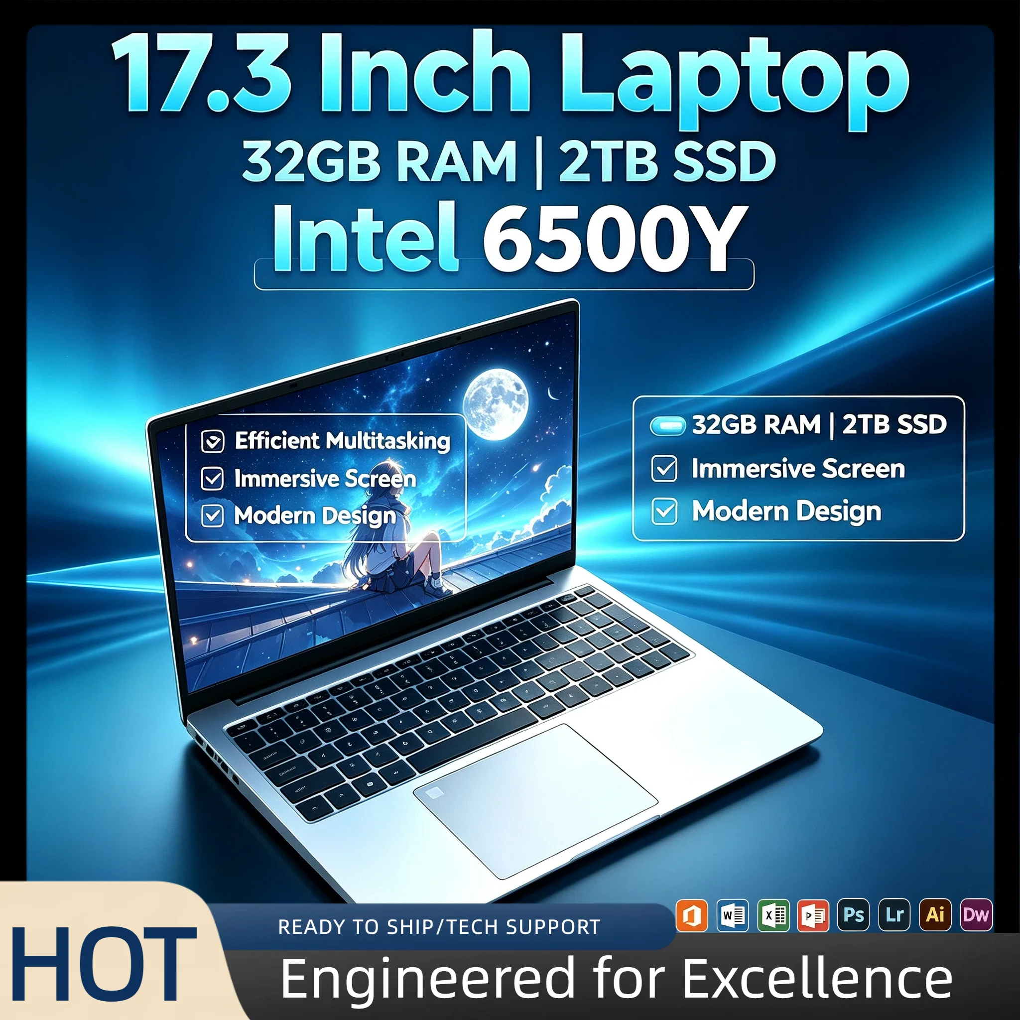 Intel 6500Y 17.3 Inch Full Size Laptop 32GB RAM 2TB SSD Fingerprint Unlock High Performance Work Gaming Notebook Core