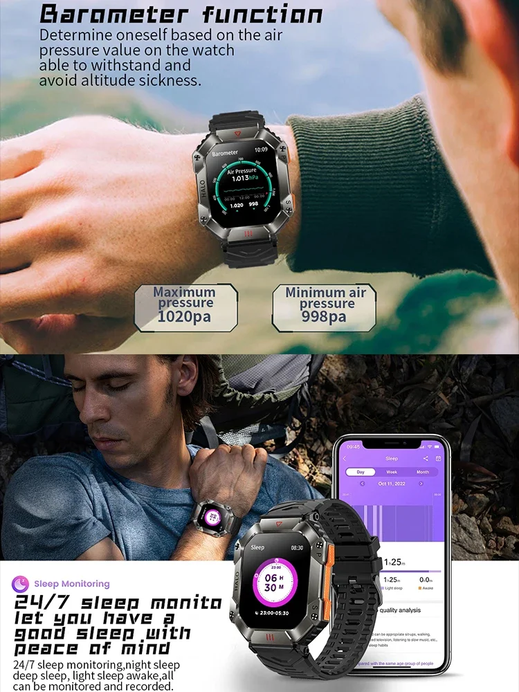 Reloj inteligente con pantalla grande de 2 pulgadas, llamada Bluetooth, brújula para hombres, 650mAh, relojes para deportes al aire libre, barómetro de Fitness, reloj inteligente con altitud