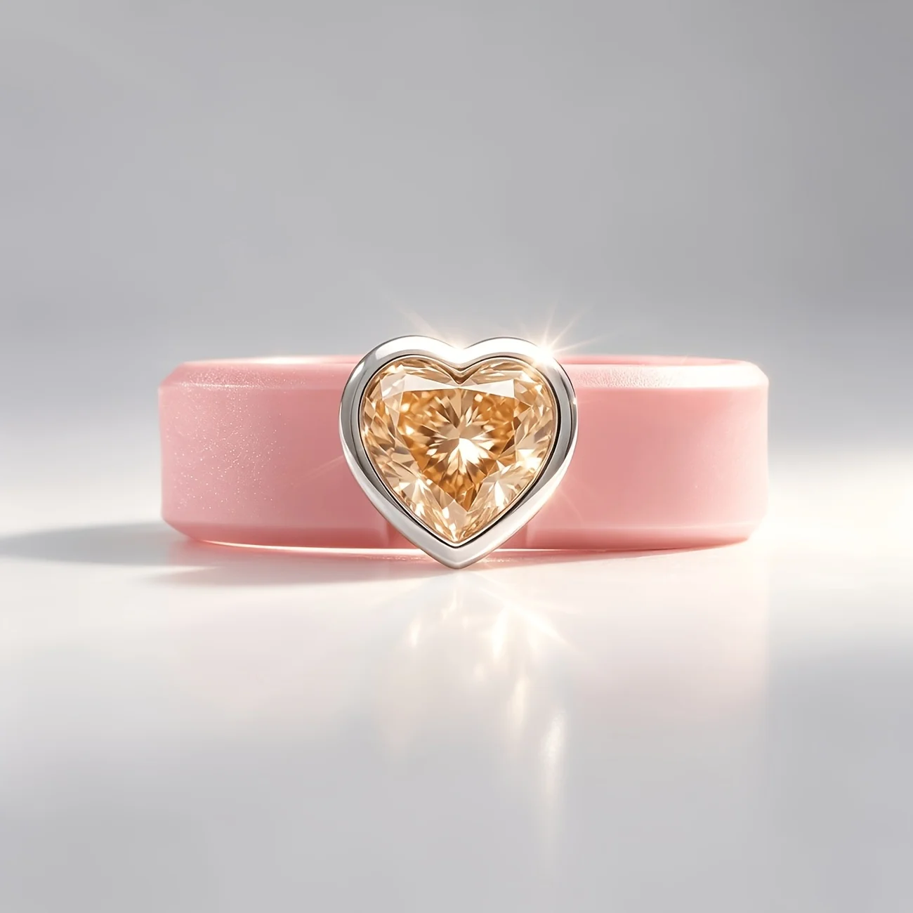 Dainty Pink Silicone Promise Ring with Sparkling Heart Champagne CZ, Skin-Friendly Band，Comfort Fit Engagement  for Women
