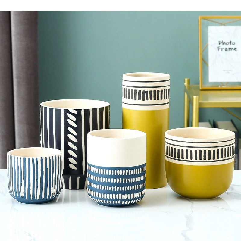 Painted Lines Ceramic Vase Hydroponics Flowers Pots Desk Decoration Flower Arrangement Simplicity Floral Vases Modern Home Decor