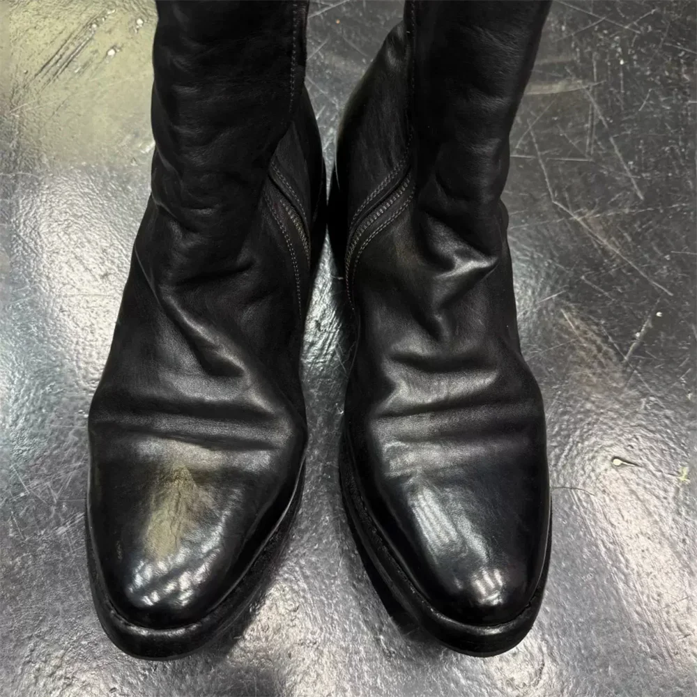 Men's Vintage Washed Pleated Short Boots Side Zip Mid-Calf Soft Leather Pleated Pointed Toe Luxury Handmade Upturned Boots