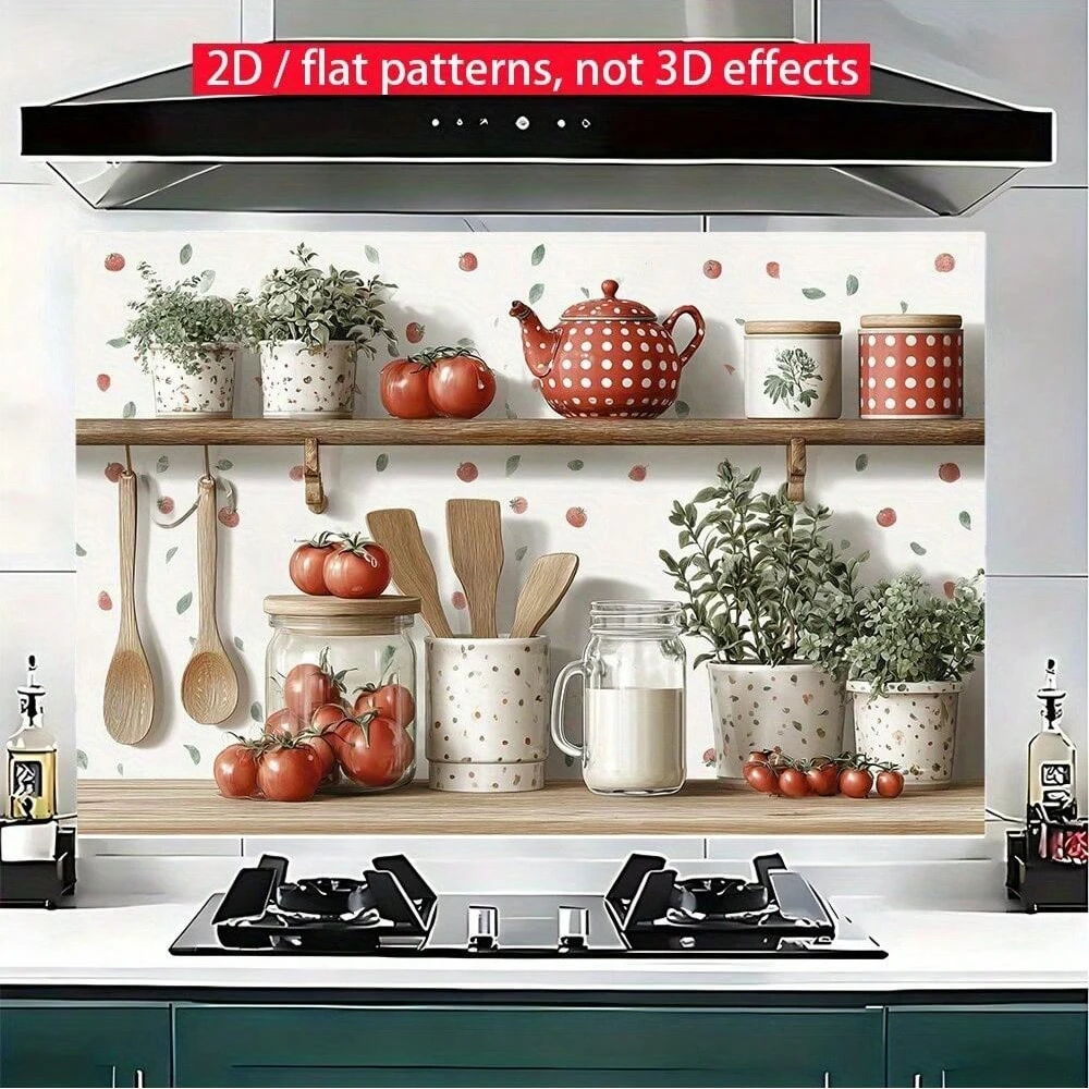 1Pc Self Adhesive Kitchen Wall Sticker Waterproof Teapot Tomato Pattern Farmhouse Style Wall Decal Art Mural for Cafe Restaurant