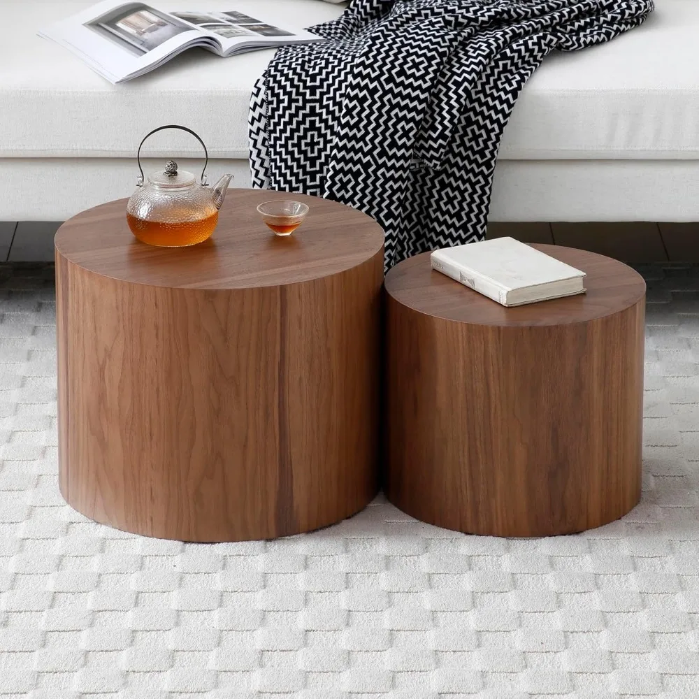 

18 Wood Nesting Coffee Table Set of 2, Modern Round Coffee Table with Non-Slip Feet, Wooden Circle Side Table and Accent Furnitu