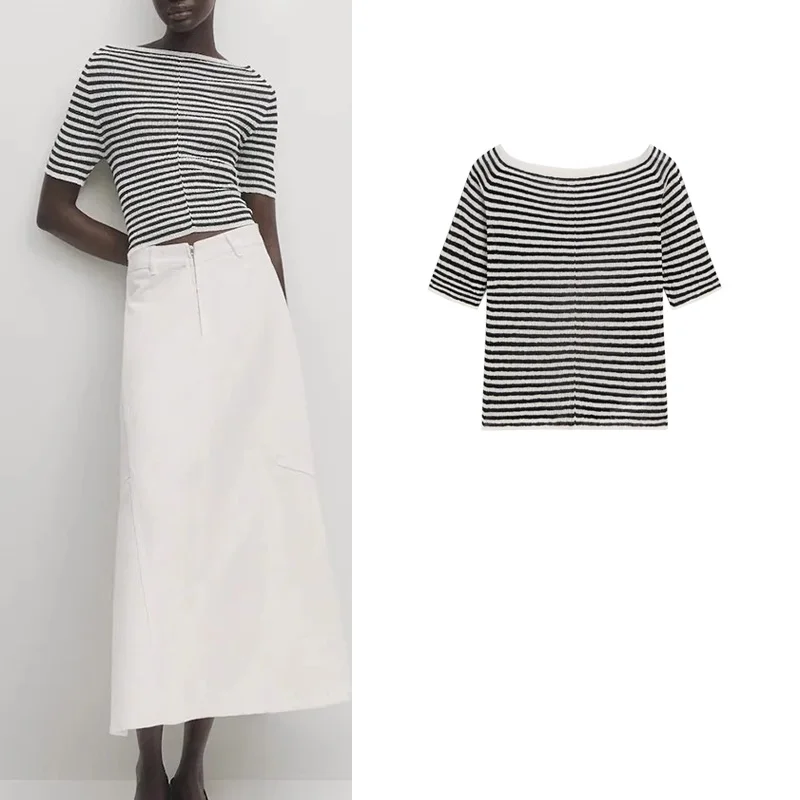 

MD Summer New Casual Commute Stripe Slim ort Version T-irt Five-Quarter Sve Flat Collar Knitted Wear Polyester Fiber