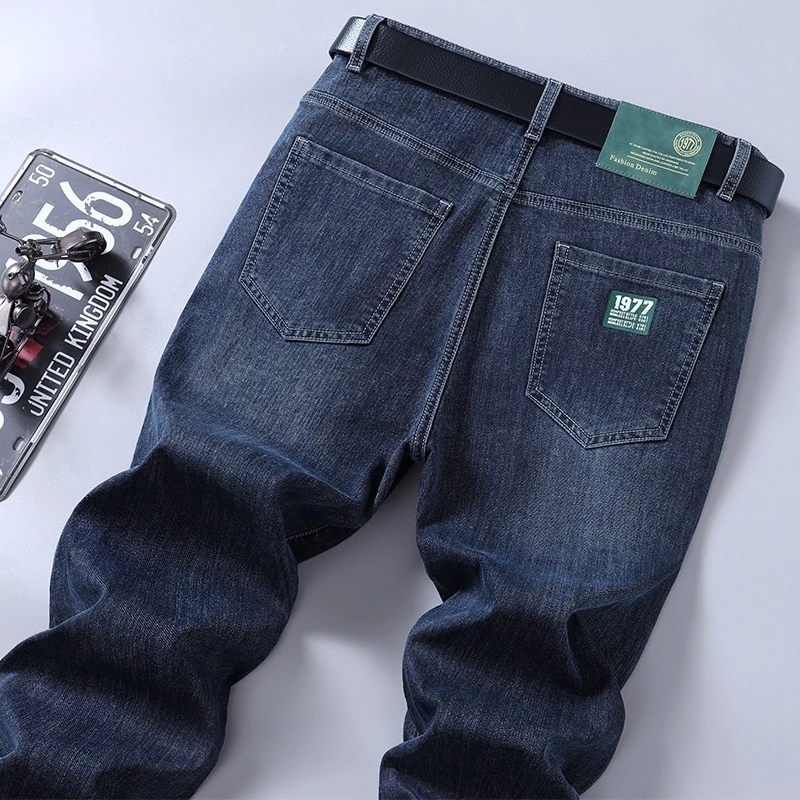 

Классические деловые повседневные джинсы для мужчин, весна-лето, тонкие прямые модные эластичные брюки, брендовая одежда, джинсовые мужские брюки
