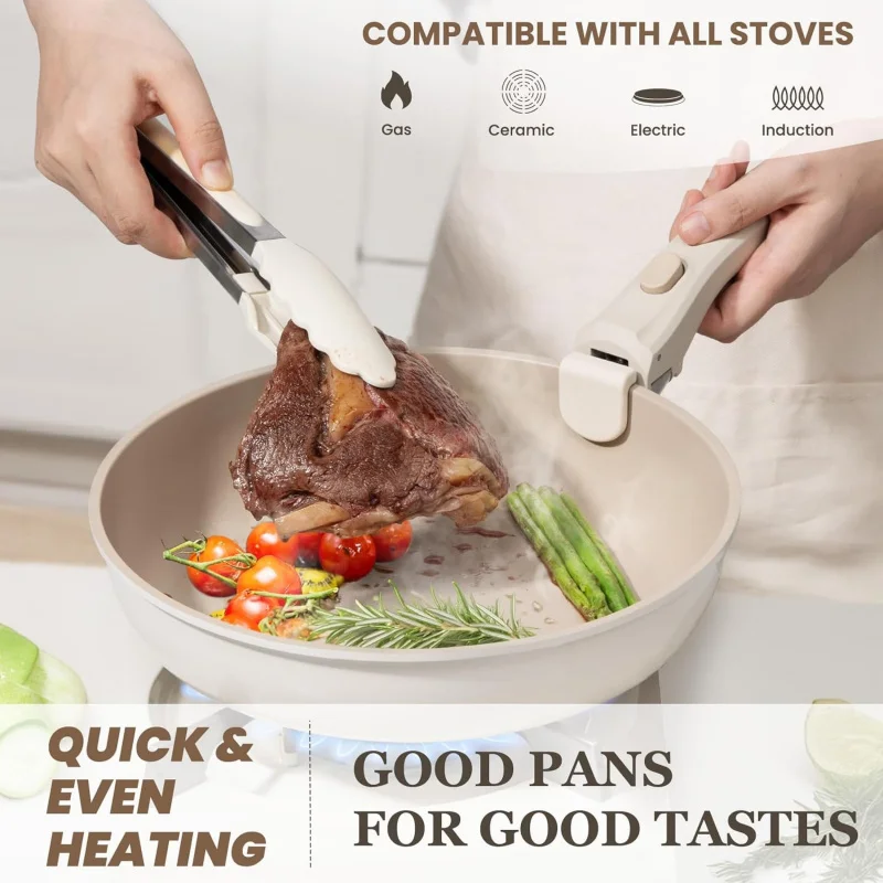 20 Pcs Pots and Pans Set Non Stick, Ceramic Cookware Set Detachable Handle, Non Toxic Induction RV Kitchen Cooking Set with Remo