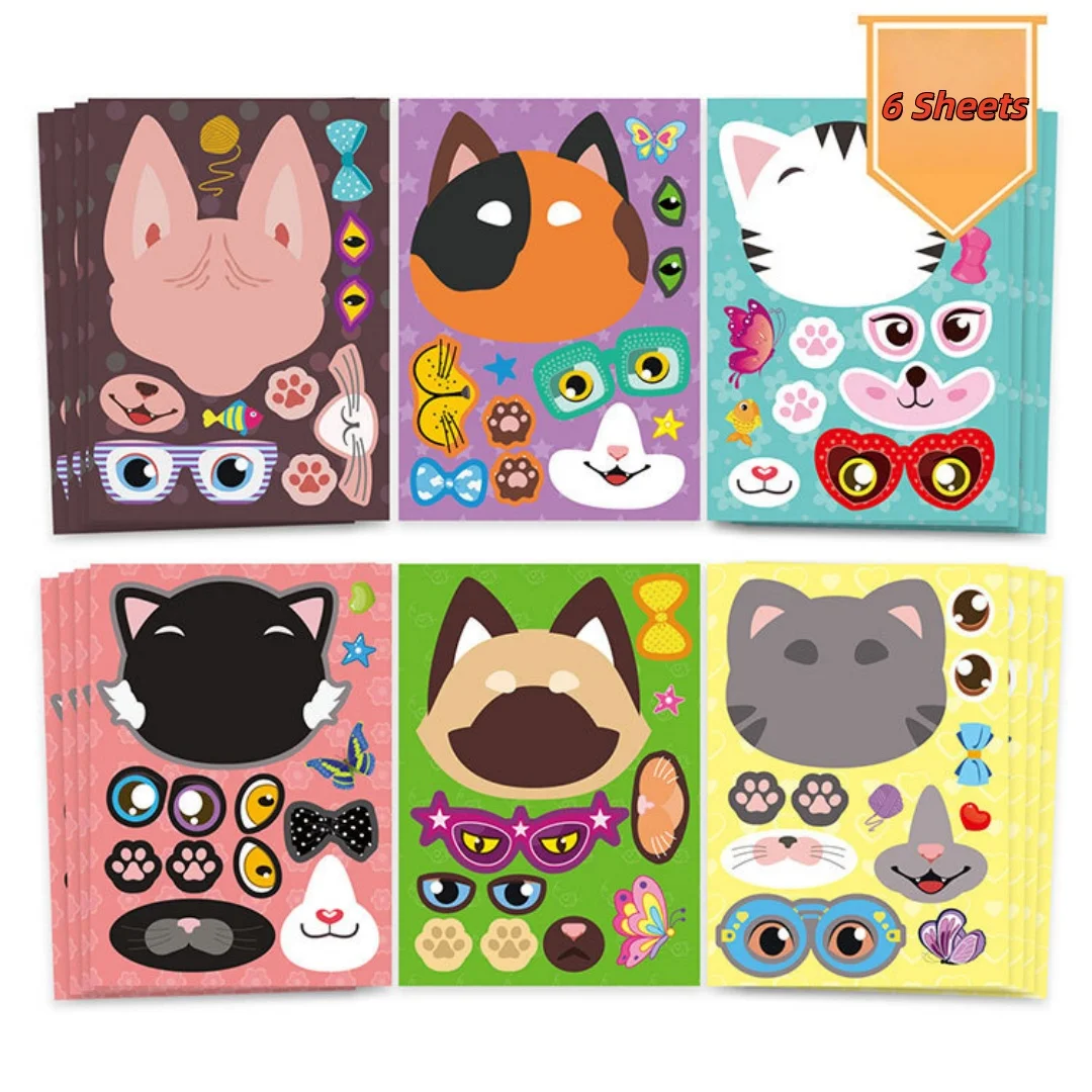 6 sheets per set cat assembly stickers. DIY animal facial expression stickers, ideal sticker gifts for kids’ birthday parties.