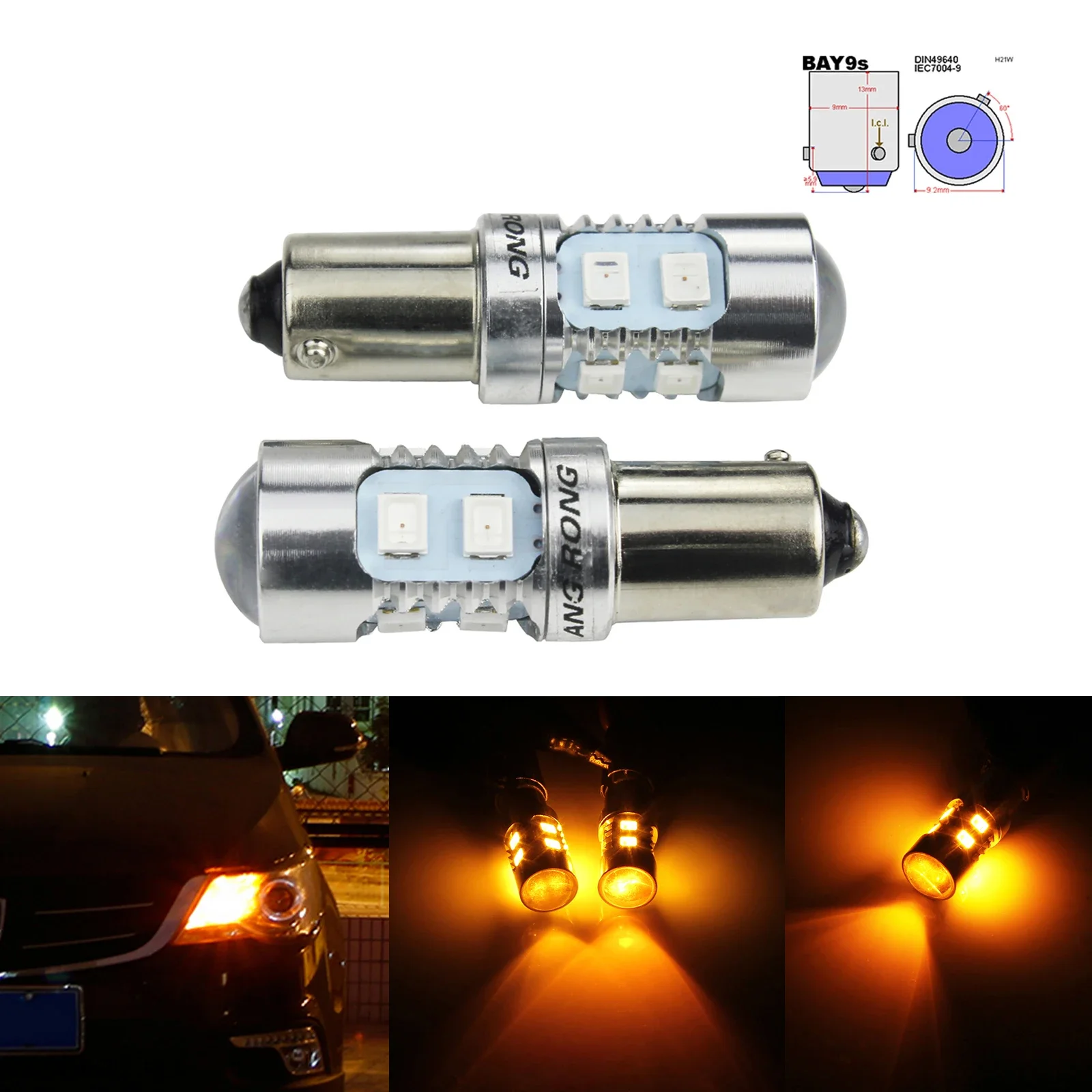

ANGRONG 2x435 H21W BAY9s 10 SMD Светодиодный боковой фонарь Передний индикатор Поворотный фонарь Дневные ходовые огни DRL Янтарный