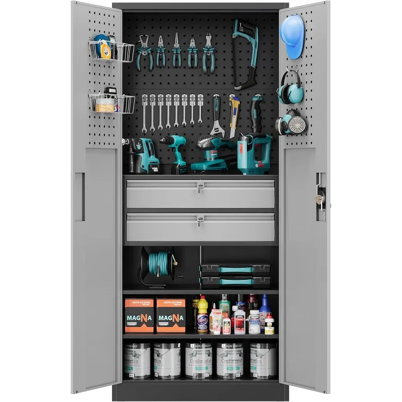 

Metal Garage Tool Storage Cabinets with Pegboard, 71" Heavy Duty Steel Cabinet with Drawer and Adjustable Shelves, Lockab
