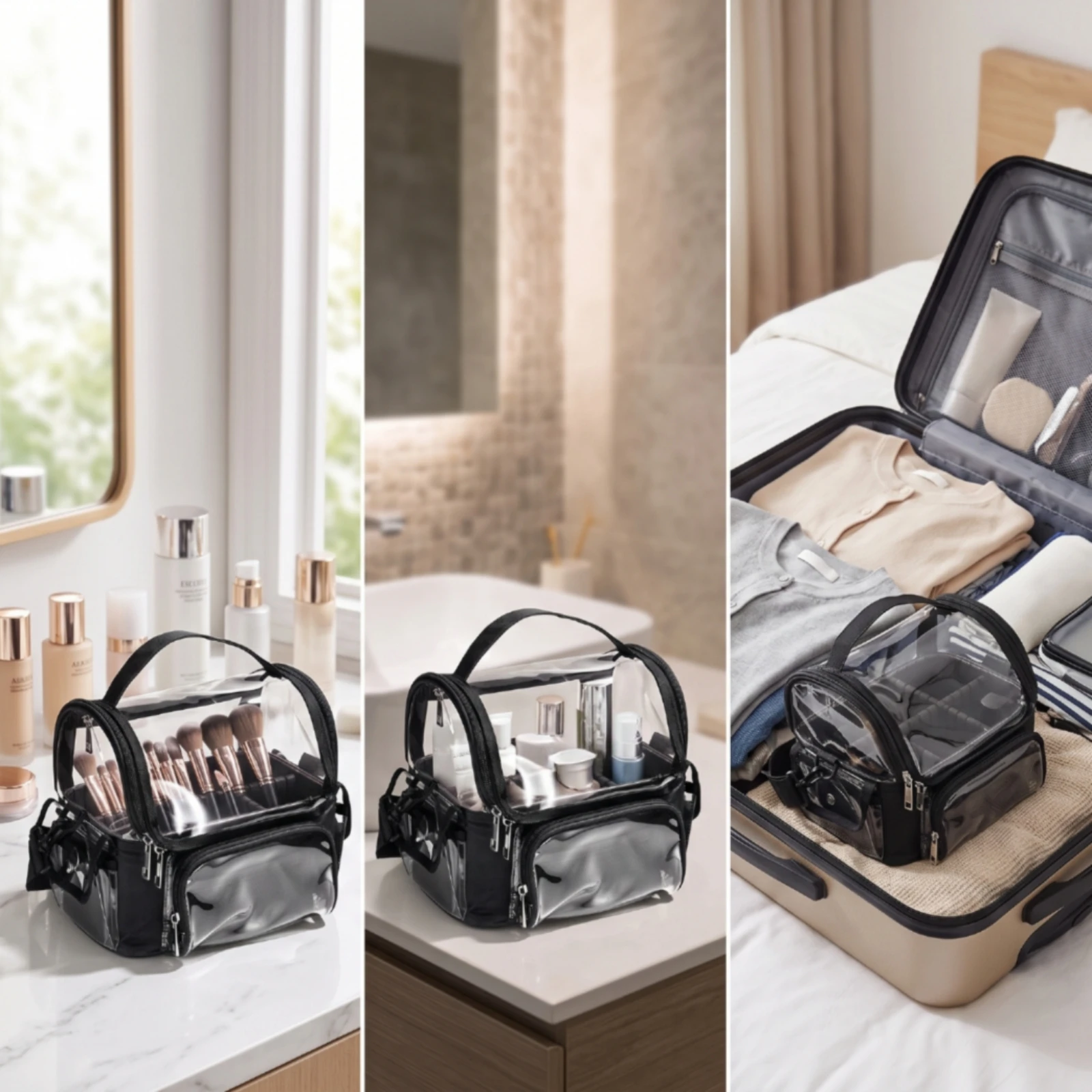 Transparent Makeup Bag Structured Clear Makeup Bag Easy to Clean Multi-Compartment for Commuters, Travel, Daily Carry