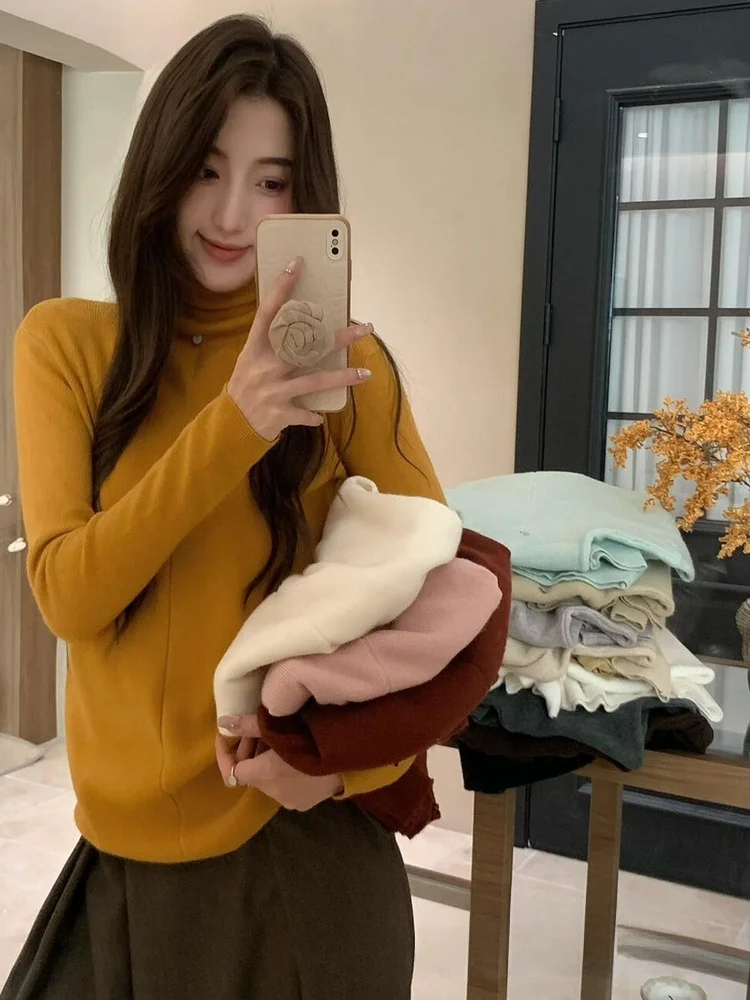 

Elegant High Neck Knitted Base Shirt Women's Slim Fit Style Spring Inner Wear Glowing Line Design Comfortable Regular Sleeve