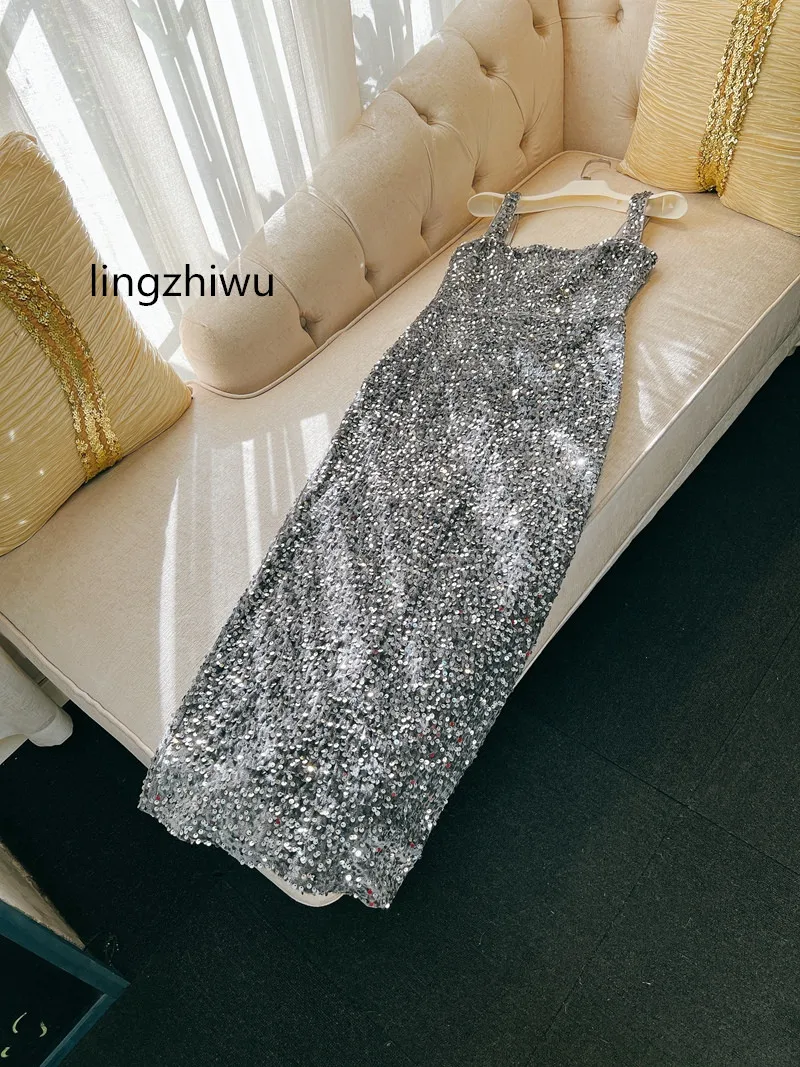 

lingzhiwu Formal Dress Top Quality Ladies Party Dresses Sequins Slim Square Collar Bud Vestidos New Arrive