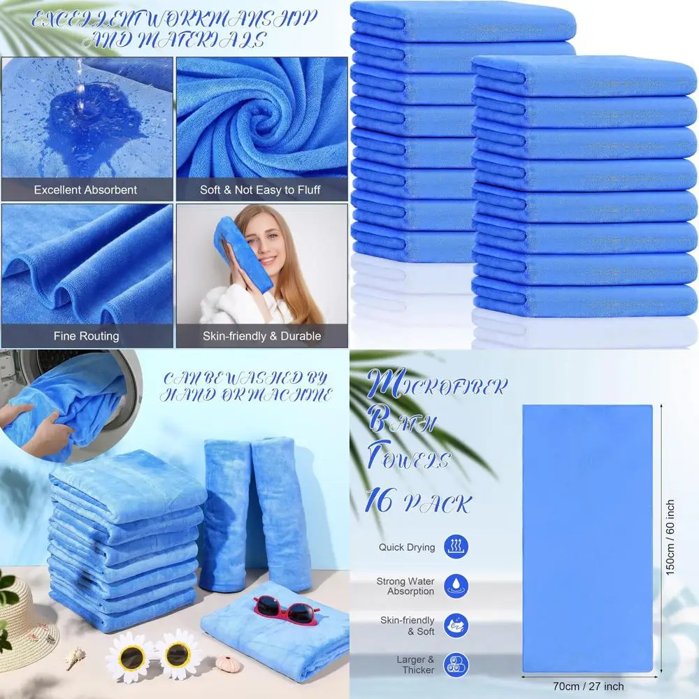 

Oversized 27x60 Microfiber Bath Towels Set of 16, Highly Absorbent, Soft & Large for Shower, Beach, Gym, Parties