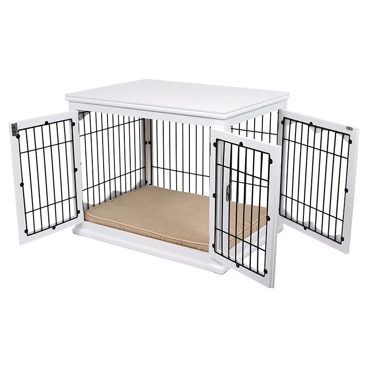 Best Decorative Double-Door Wooden Wire Dog Kennel with Iron Pet Bed Furniture Dog Crate Steel Bowls for Cats