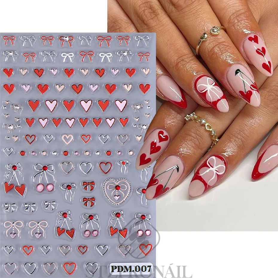 Red Heart Strawberry Cherry Bow Nail Art Stickers 5D Embossed Valentine's Day Slider Decals DIY Manicure Accessories Tools SLPDM