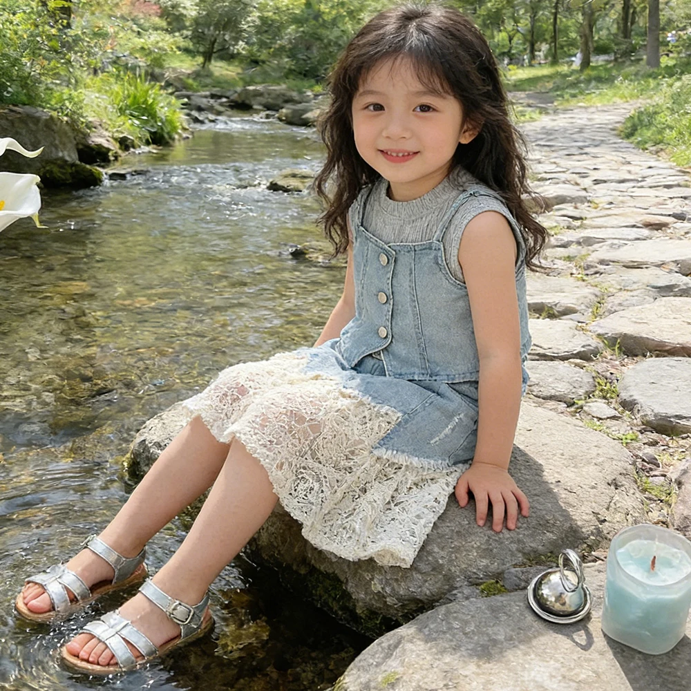 3Pcs Summer Casual Outwear Denim Sets For Children Lace and Denim Cloth Suit Kids Girls Top+Vest+Skirt Clothing Princess Dress