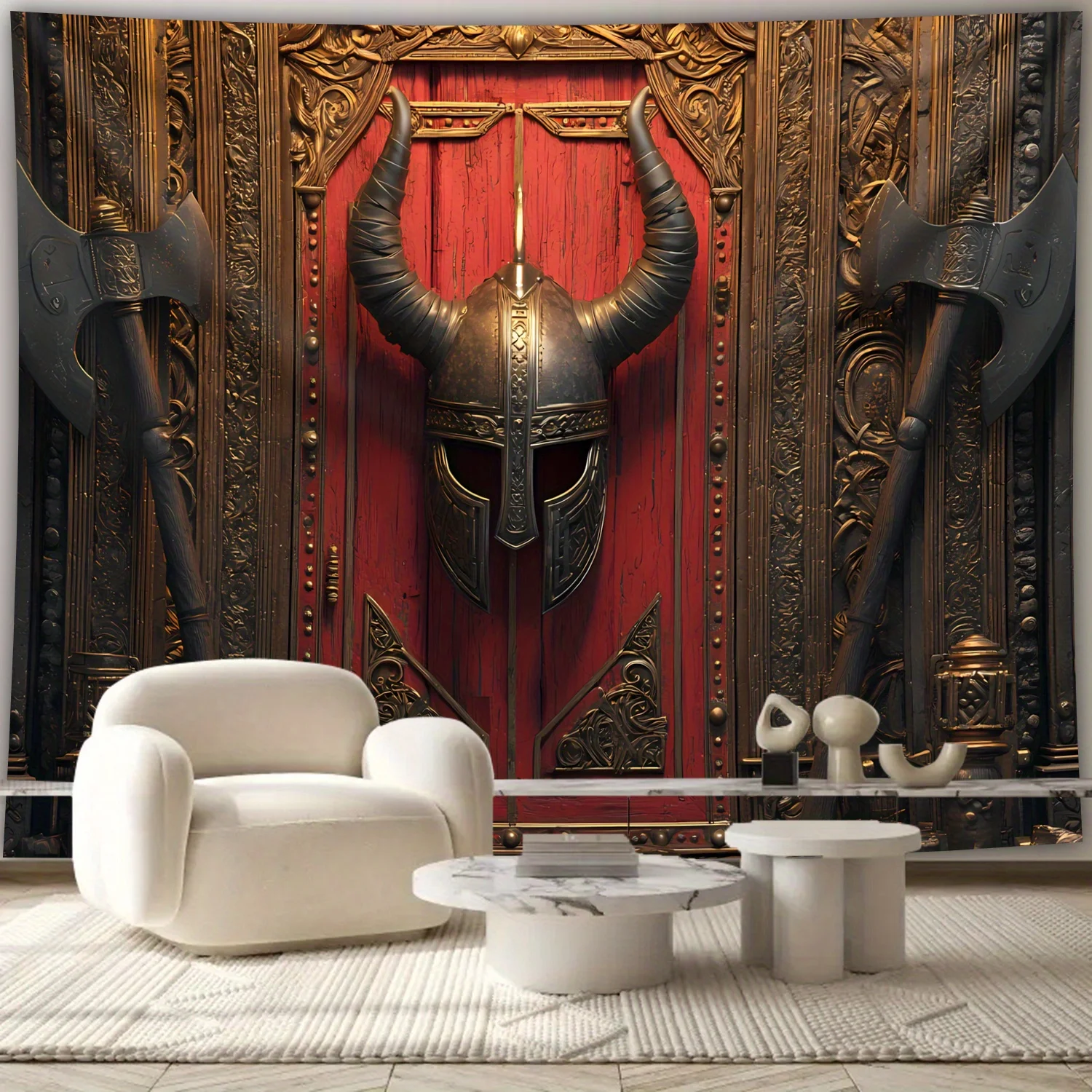 1pc Extra Large Viking Tapestry - Norse Warrior Decor with Battle Axe & Helmet in Red & Golden - HD Digital Print Wall Hanging - view 3