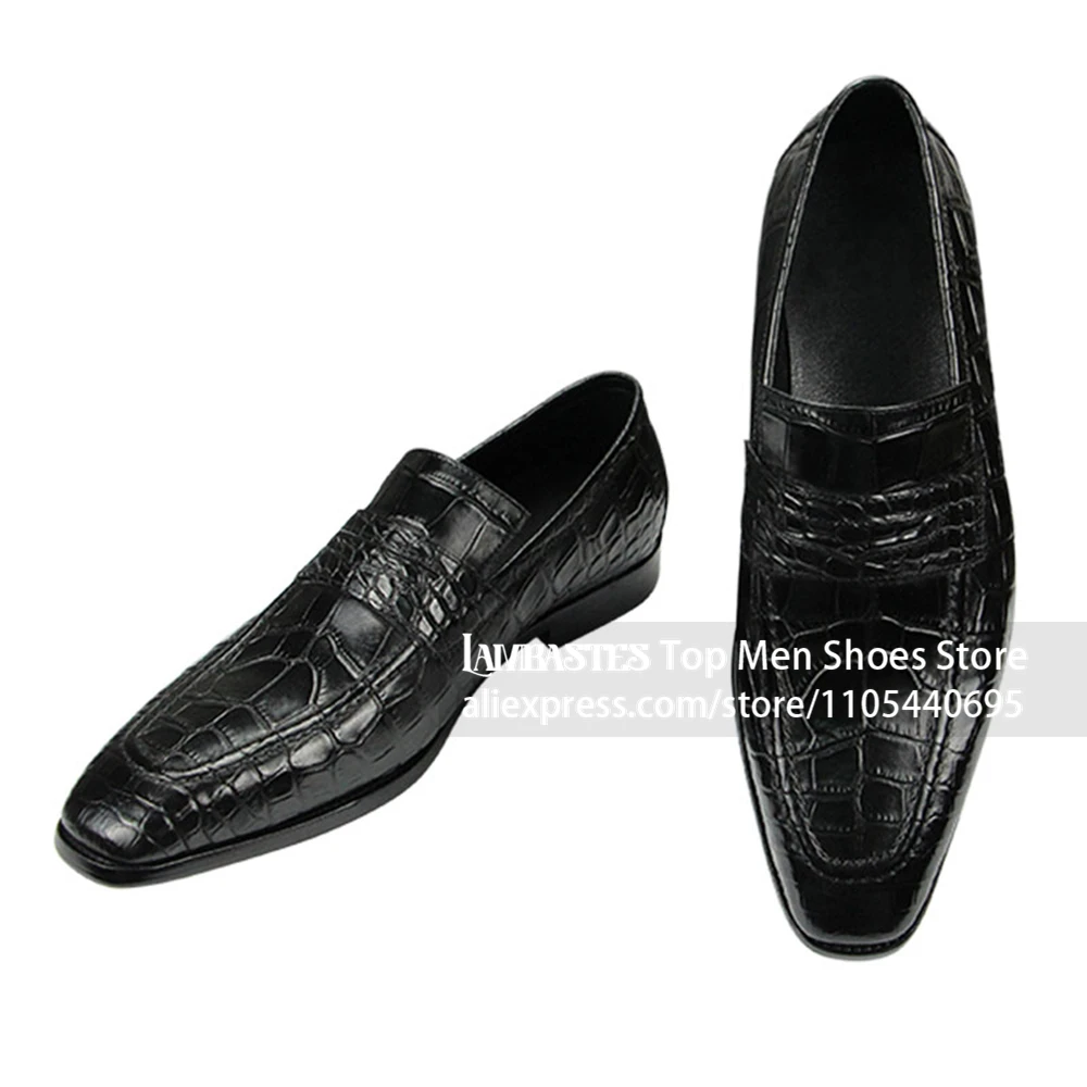 Men's Black Crocodile Embossed Loafers Croc Pattern Leather Slip on Formal Dress Loafers Luxury Crocodile Leather Dress Loafers