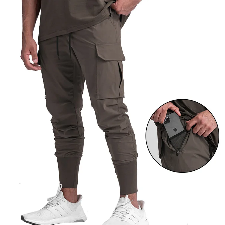 Spring Men's Casual Slim Fit Ice Silk Pants with Multi-Pockets for Running and Sports