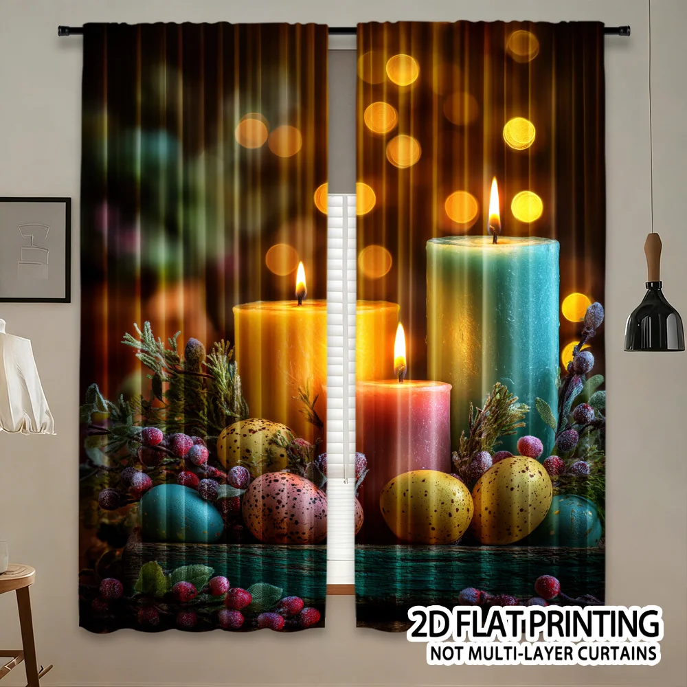 Colorful Easter Candle and Egg Curtain Spring Festival Bokeh Pattern Drape, Holiday Celebration Window Treatment for Living Room