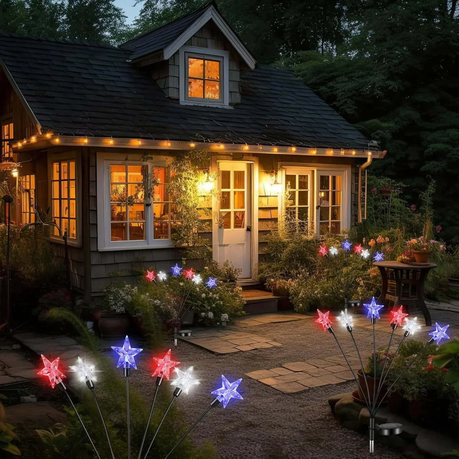 4th Of July Solar Ground Lights Patriotic Star String Lights Red White Blue Solar Powered Garden Lights Yard Lawn Pathway Patio