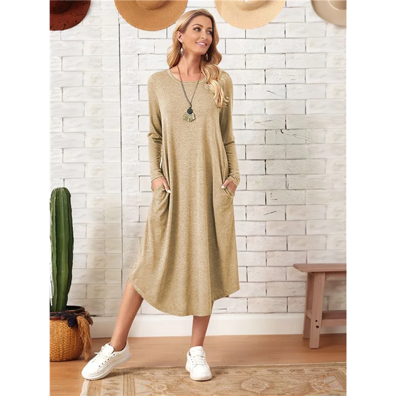 ODIES-فستان نسائي طويل بأكمام طويلة ورقبة دائرية مع جيوب #4