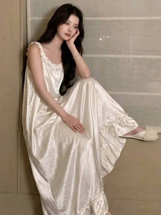 Silk Long Sleeveless Women's Nightgown with Lace Trim Summer Comfortable Breathable Sleepwear Casual Home Clothes
