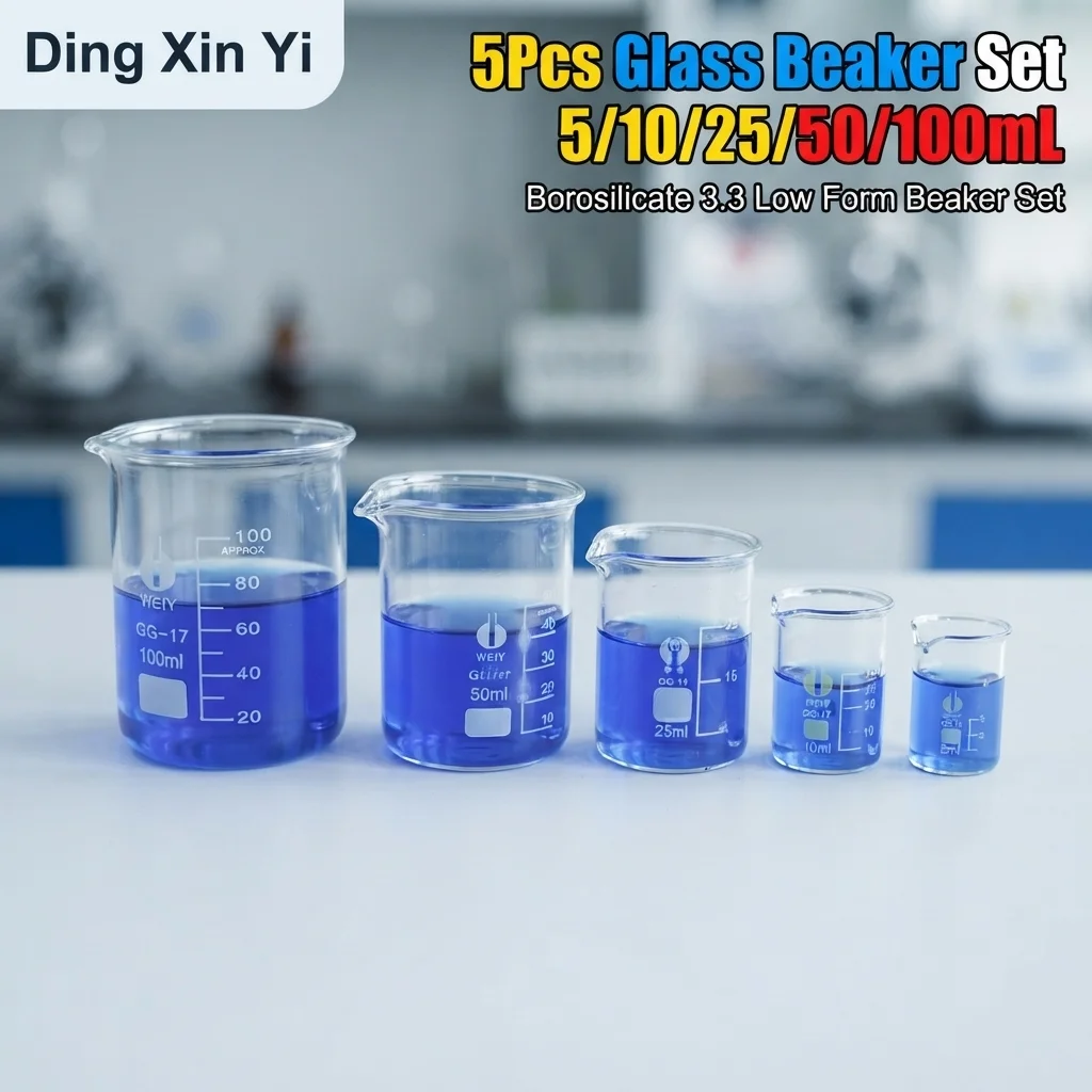 DXY 5Pcs Glass Beaker Set 5/10/25/50/100mL Low Form Borosilicate 3.3 Chemistry Lab Graduated Measuring Cup with Spout for