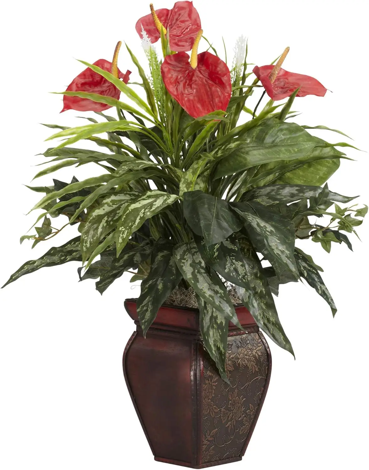 Mixed Greens & Anthurium with Decorative Vase Silk Plant