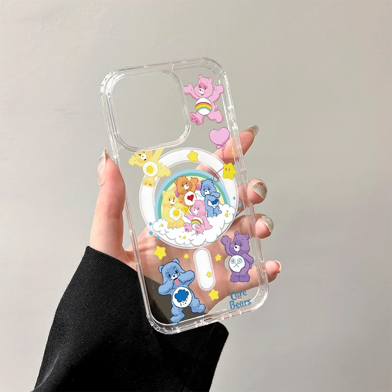 حافظة شحن لاسلكية C-Cares B-Bears لهاتف iPhone 17 Air 16 E 15 14 13 12 Mini 11 Pro Max غطاء صلب بحافة من السيليكون الشفاف
