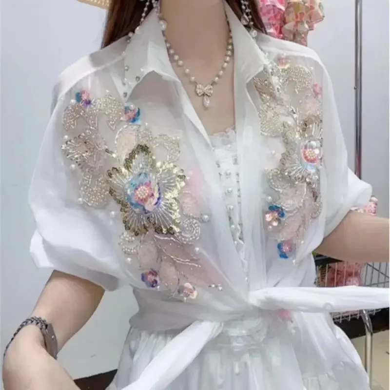 

High Quality Sequin Shirt for Women Long Sleeve Bead Pearl Blouse Summer Breathable Chiffon Cardigan Top Fashion XQ200