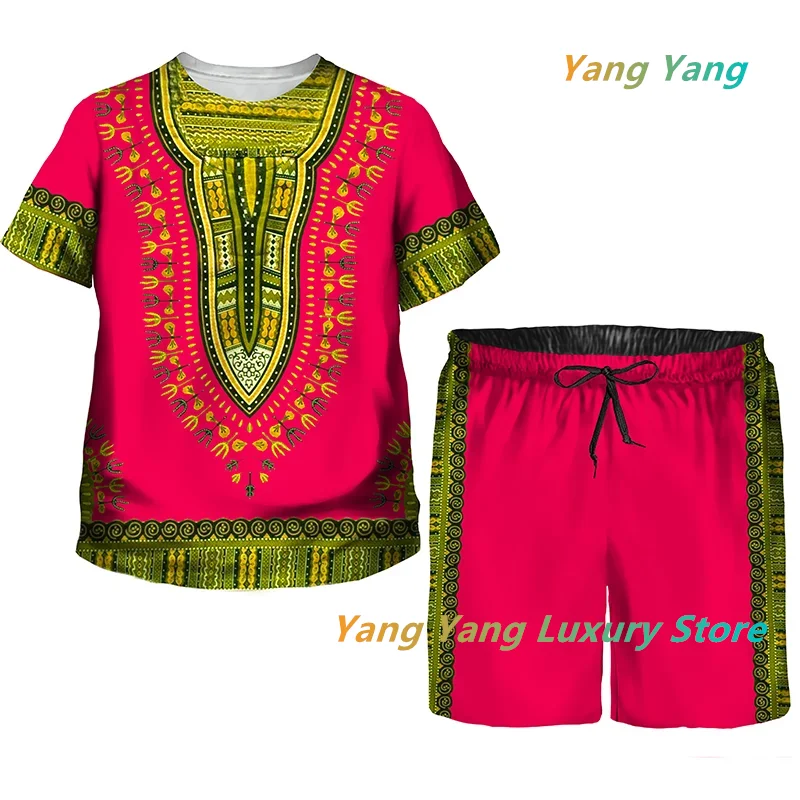 African Print Tracksuit Men/Kids Fashion T-shirts Suit Casual Shorts/Vintage Top Sport And Leisure Summer Clothes Set