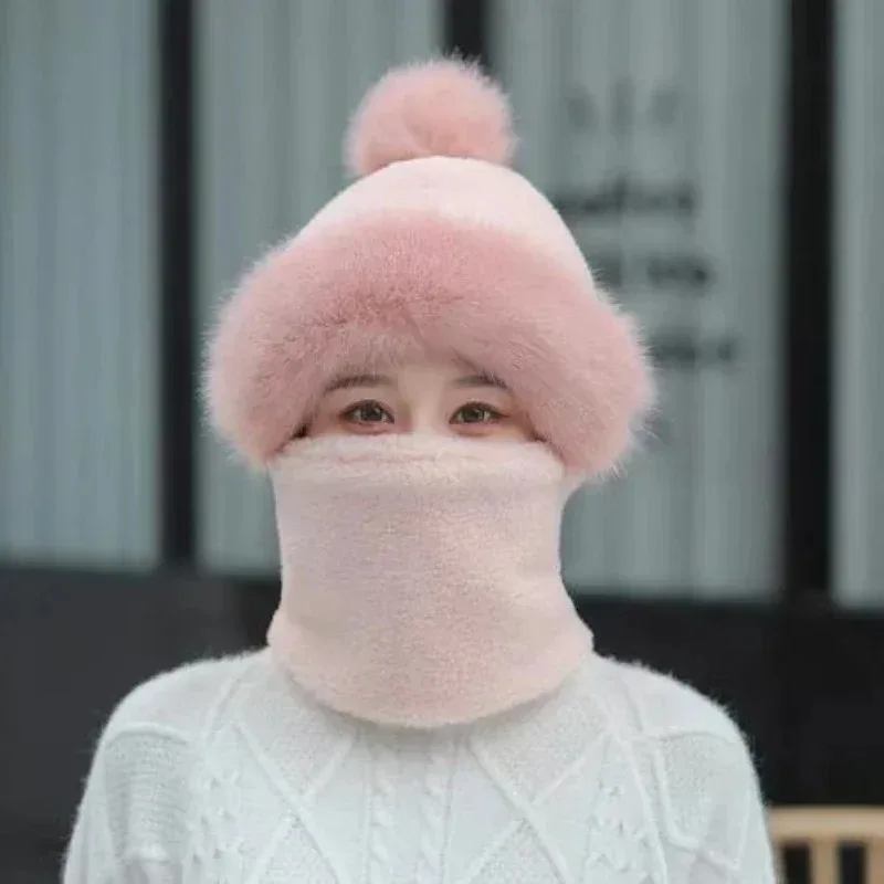قبعة شتوية مرنة قبعة شتوية مع مجموعة وشاح مقاومة للرياح تغطي الوجه وغطاء للرأس ناعم من القطيفة للدفء قبعة نسائية قناع للتزلج في الهواء الطلق