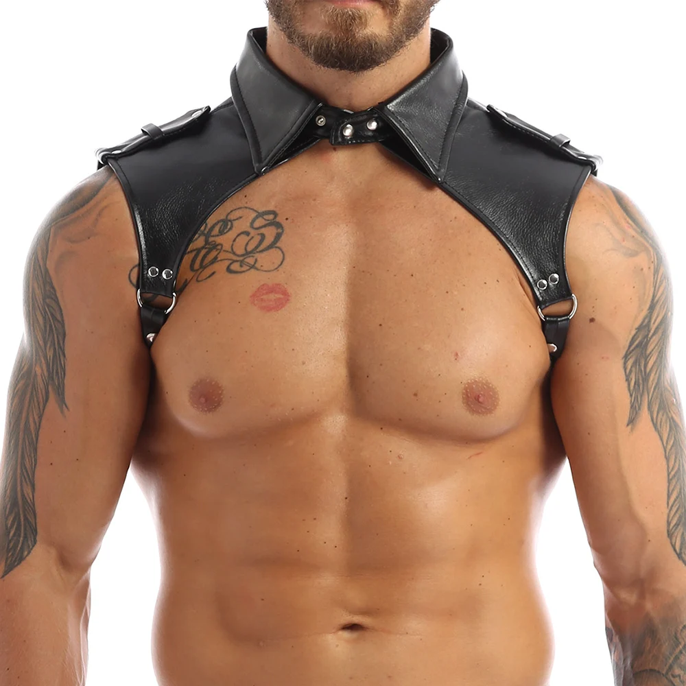 Men\'s Black Leather Harness Sexy Collar Male Adult Erotic Costumes Role Play Chest Belts Club Dancer Gogo Boy Stripper Outfits