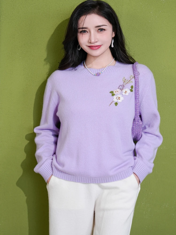 

Женский топ с эффектом похудения, 100% камаре, вязаный, с вышивкой, круглый вырез, длинный рукав, зимний, теплый, модный, повседневный стиль